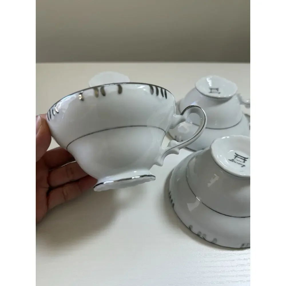 Barony collection by Fine China of Japan Tea Cups White Silver Rim Gray 3.5